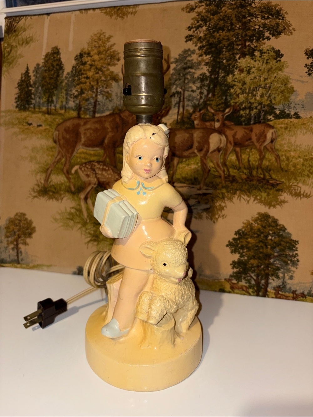 Vintage 1960s Ceramic Girl & Lamb Accent Lamp Works Nightlight Nursery Bedroom